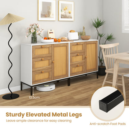 Rattan Sideboard Buffet Cabinet with 1 Door and 3 Drawers-White