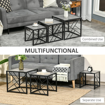 HOMCOM Set of 3 Nest of Tables, Square Side Tables with Black Metal Frame, for Living Room, Bedroom and Office, Grey