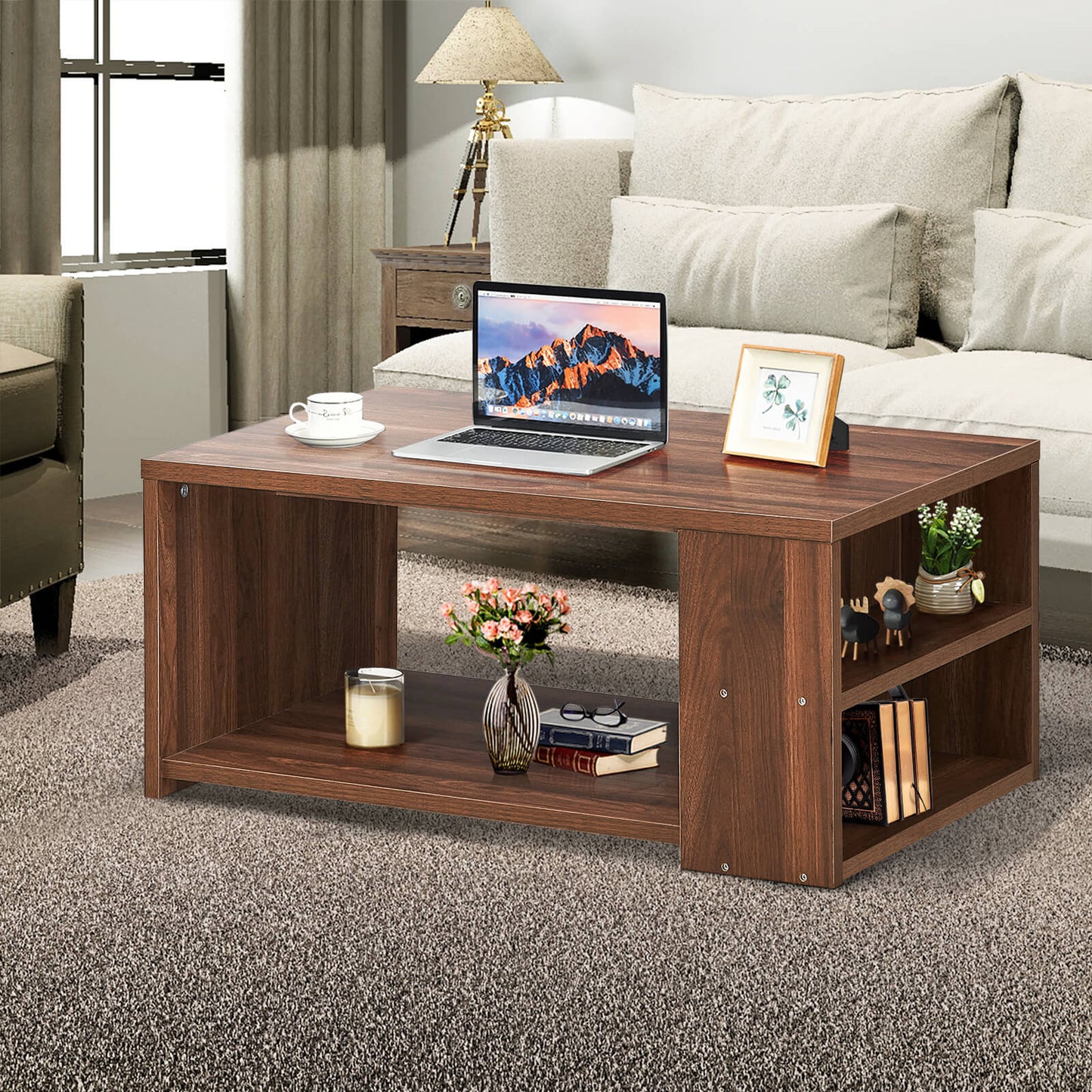 Rectangle Coffee Table with Storage Shelf-Walnut