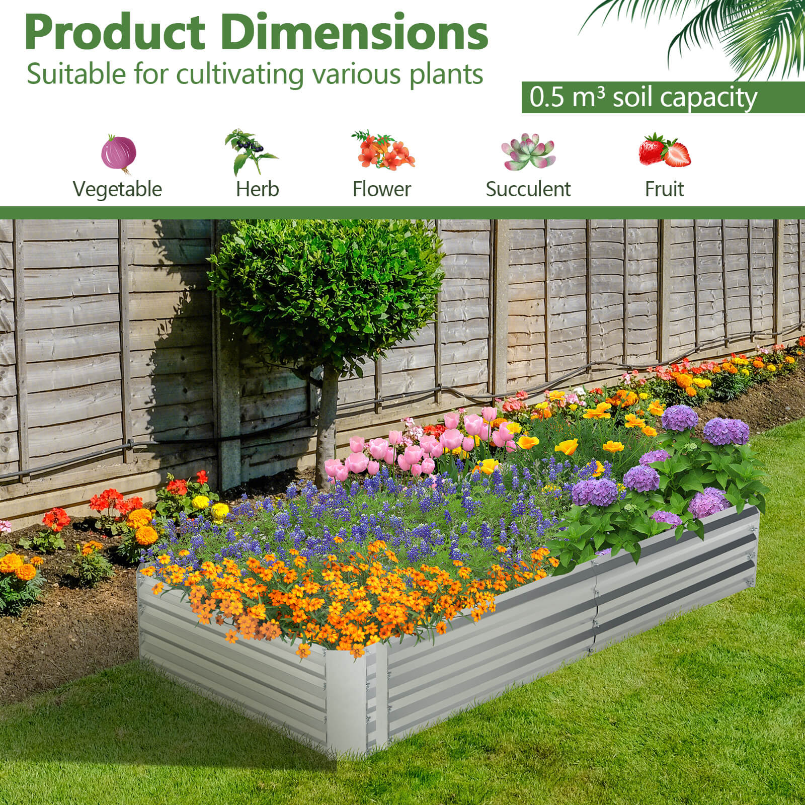 Rectangular Metal Raised Garden Bed with Open Bottom-182 x 93 x 30 cm