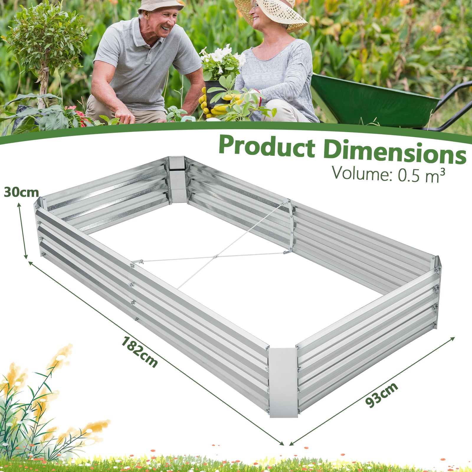 Rectangular Metal Raised Garden Bed with Open Bottom-182 x 93 x 30 cm