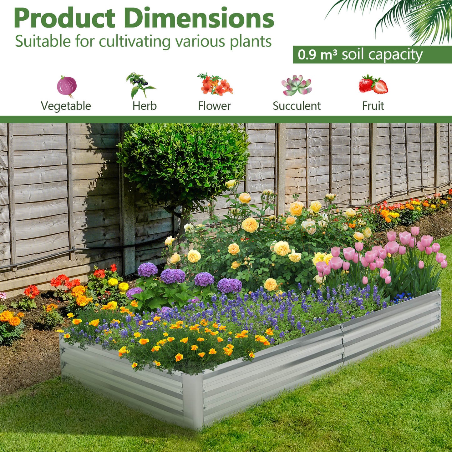 Rectangular Metal Raised Garden Bed with Open Bottom-242 x 122 x 30 cm
