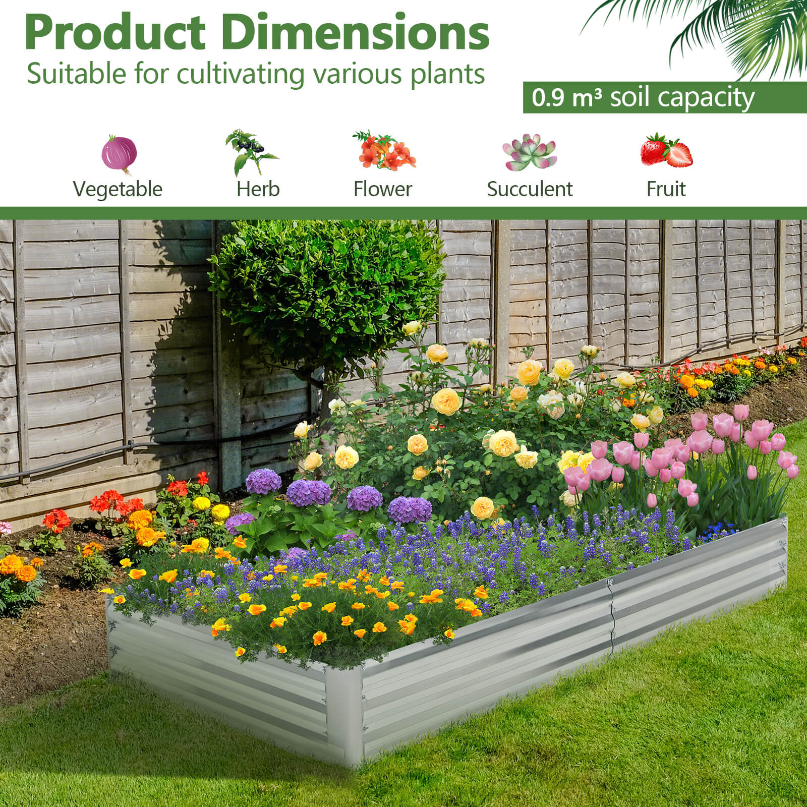 Rectangular Metal Raised Garden Bed with Open Bottom-242 x 122 x 30 cm
