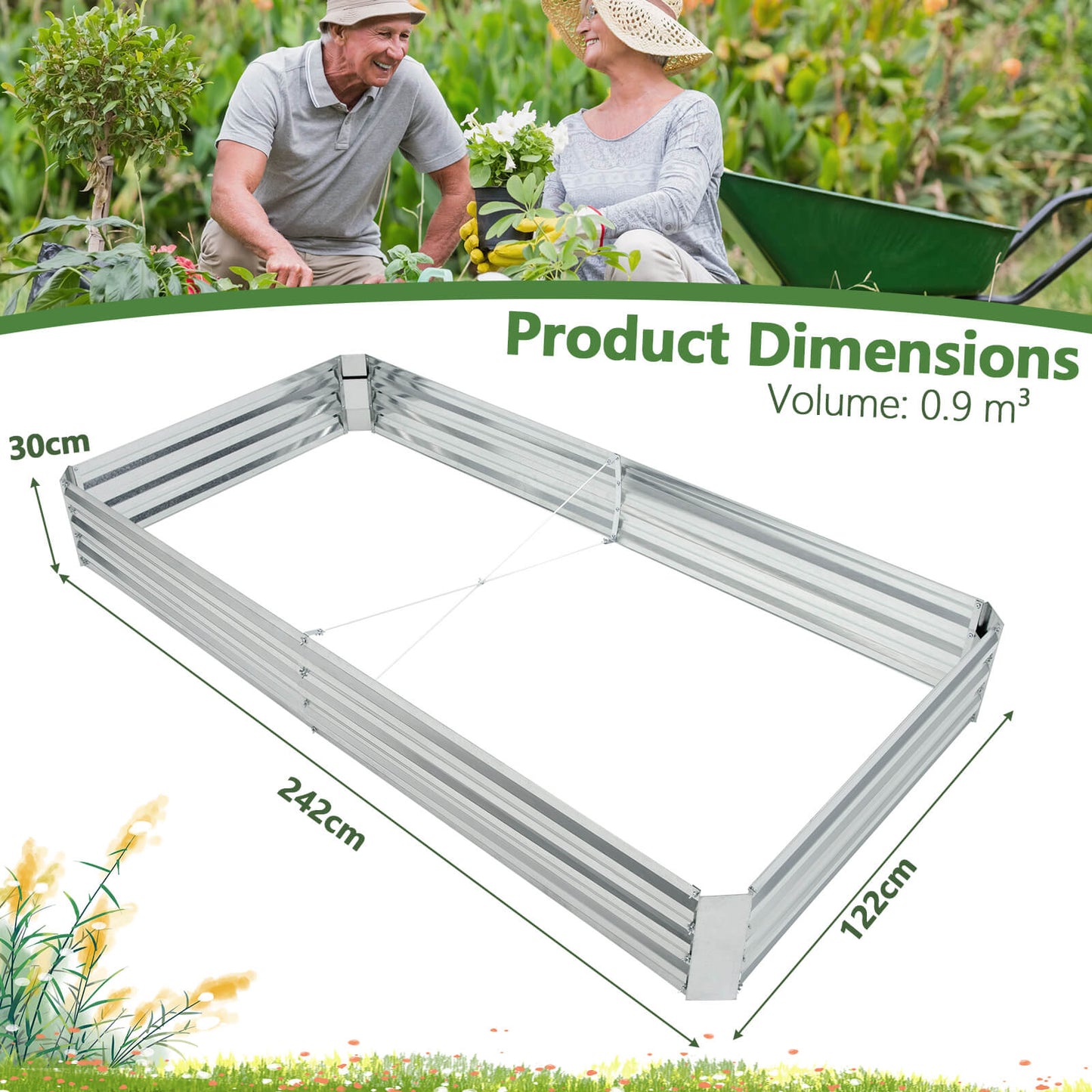 Rectangular Metal Raised Garden Bed with Open Bottom-242 x 122 x 30 cm