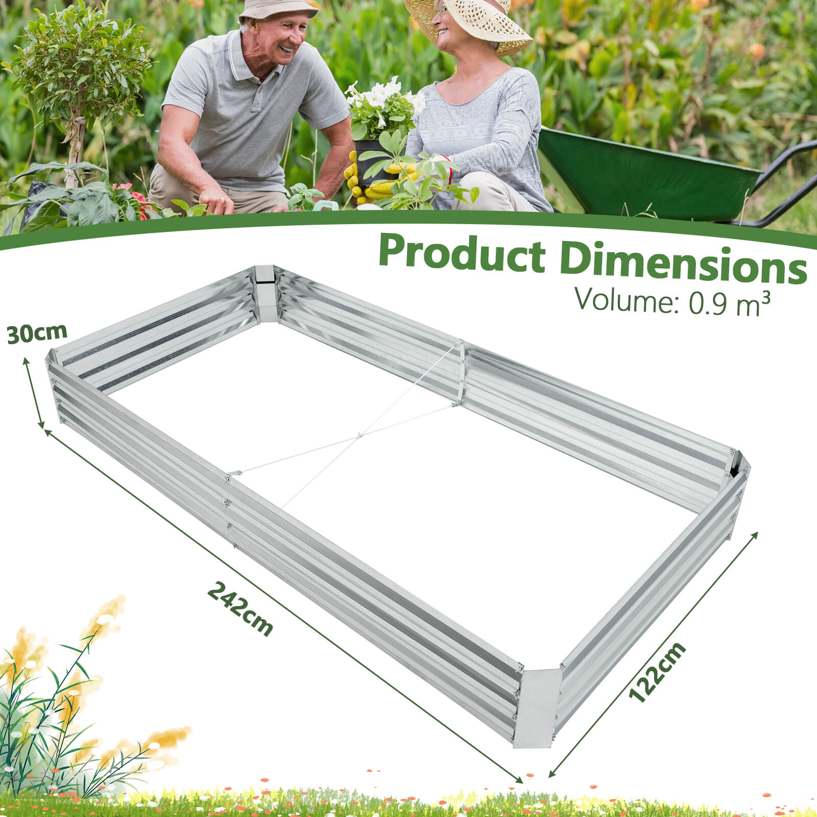 Rectangular Metal Raised Garden Bed with Open Bottom-242 x 122 x 30 cm