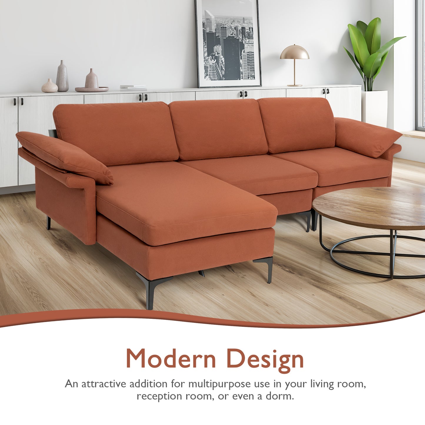 L-shaped 3-Seat Upholstered Sectional Sofa-Red