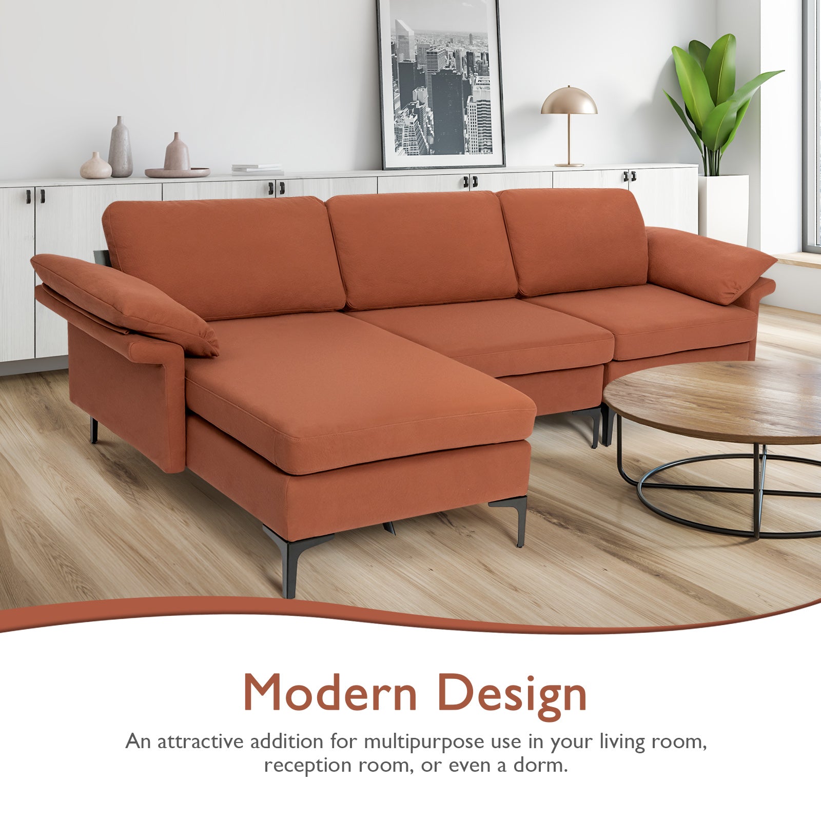 L-shaped 3-Seat Upholstered Sectional Sofa-Red