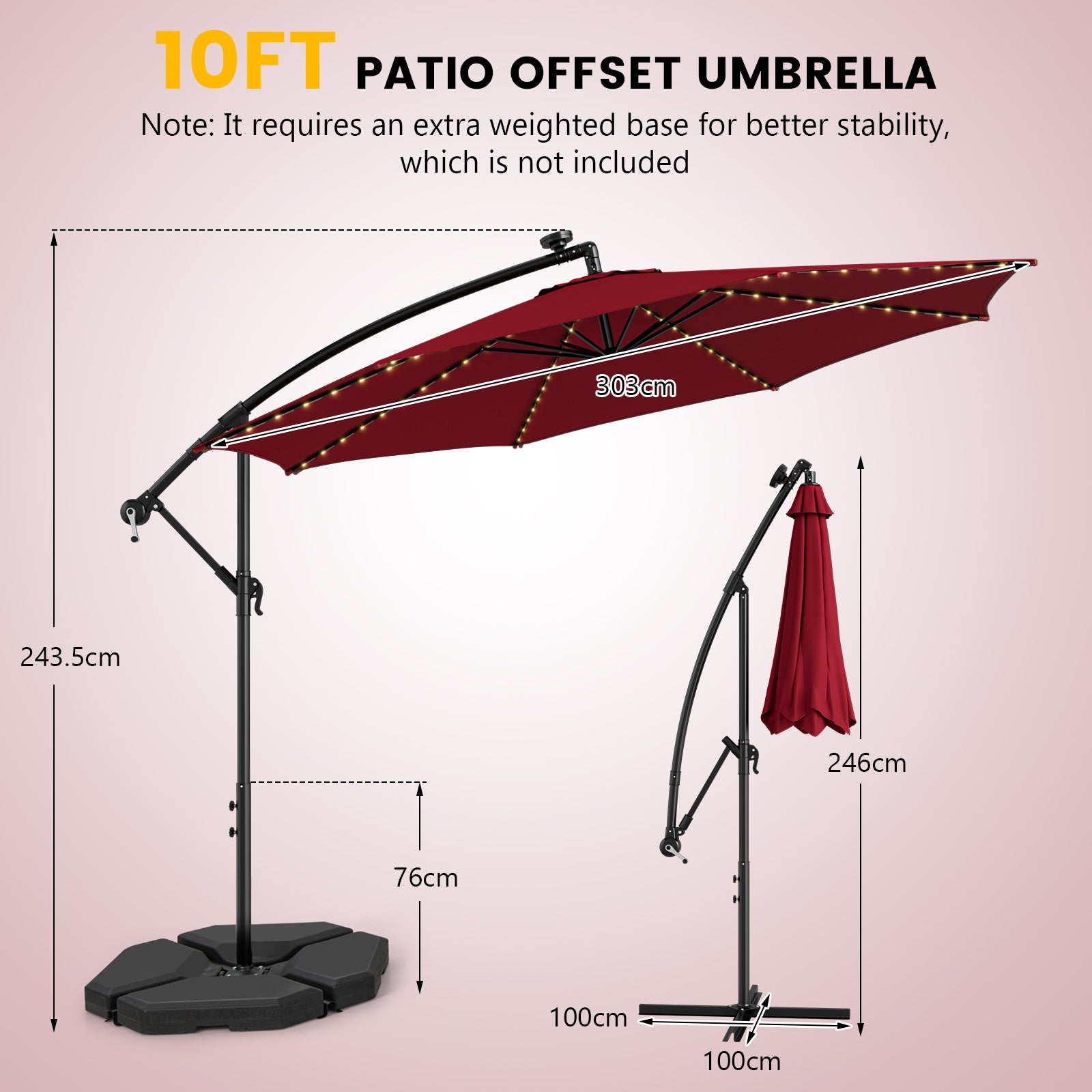 303 CM Solar-Powered Patio Offset Umbrella with 112 LED Lights-Red