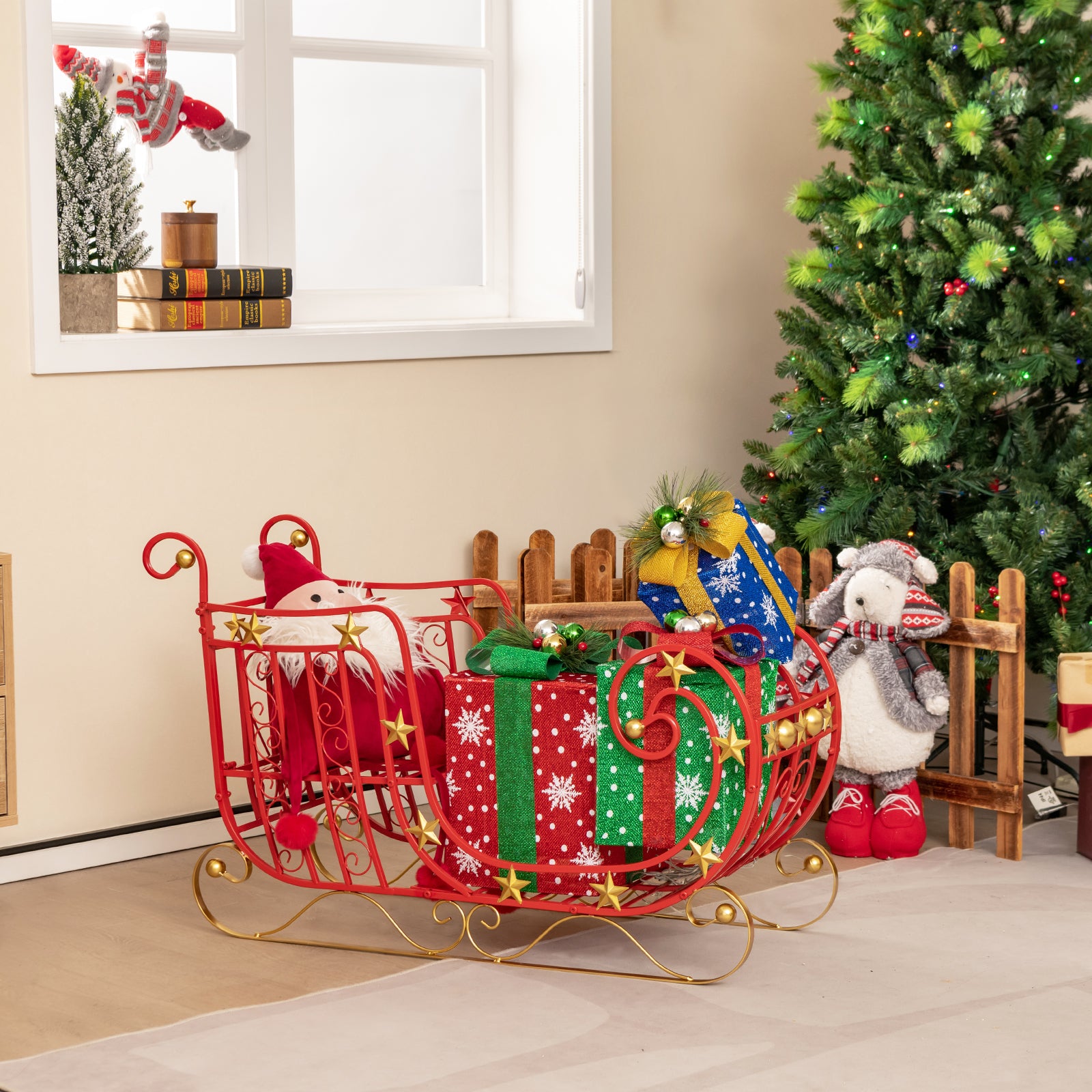 Red Santa Sleigh with Large Cargo Area for Gifts and Golden Stars 