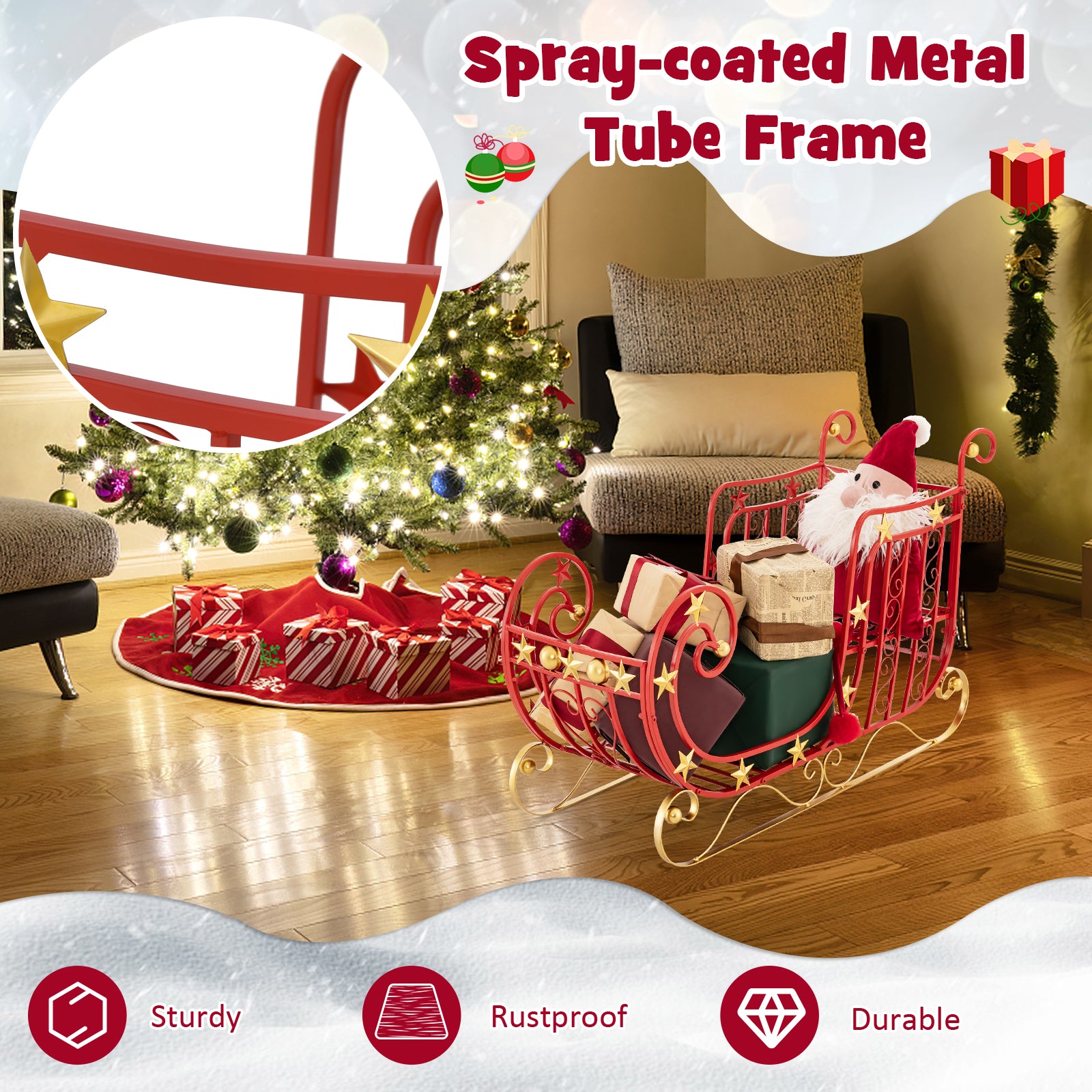 Red Santa Sleigh with Large Cargo Area for Gifts and Golden Stars 