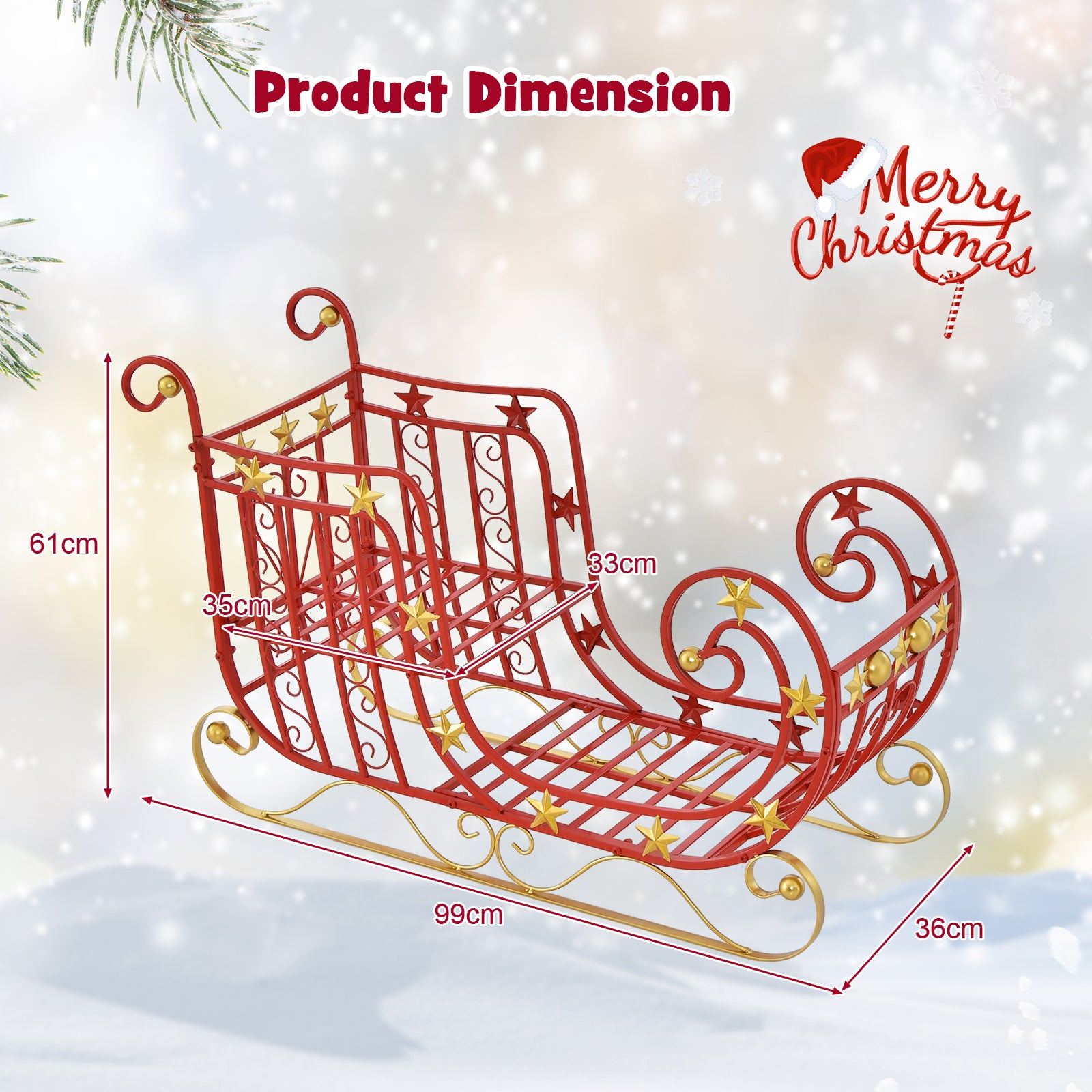 Red Santa Sleigh with Large Cargo Area for Gifts and Golden Stars 