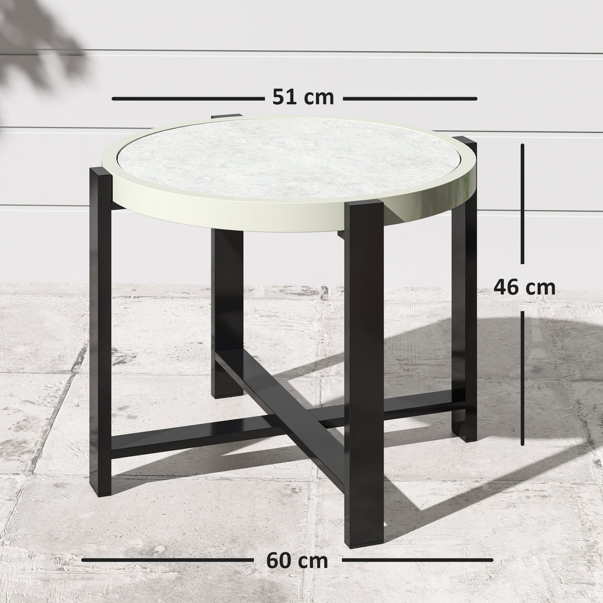 Outsunny Round Small Garden Table, 60cm Outdoor Side Table with Faux Marble Tempered Glass Top, Aluminium Frame for Garden, Patio, Balcony, Light Grey