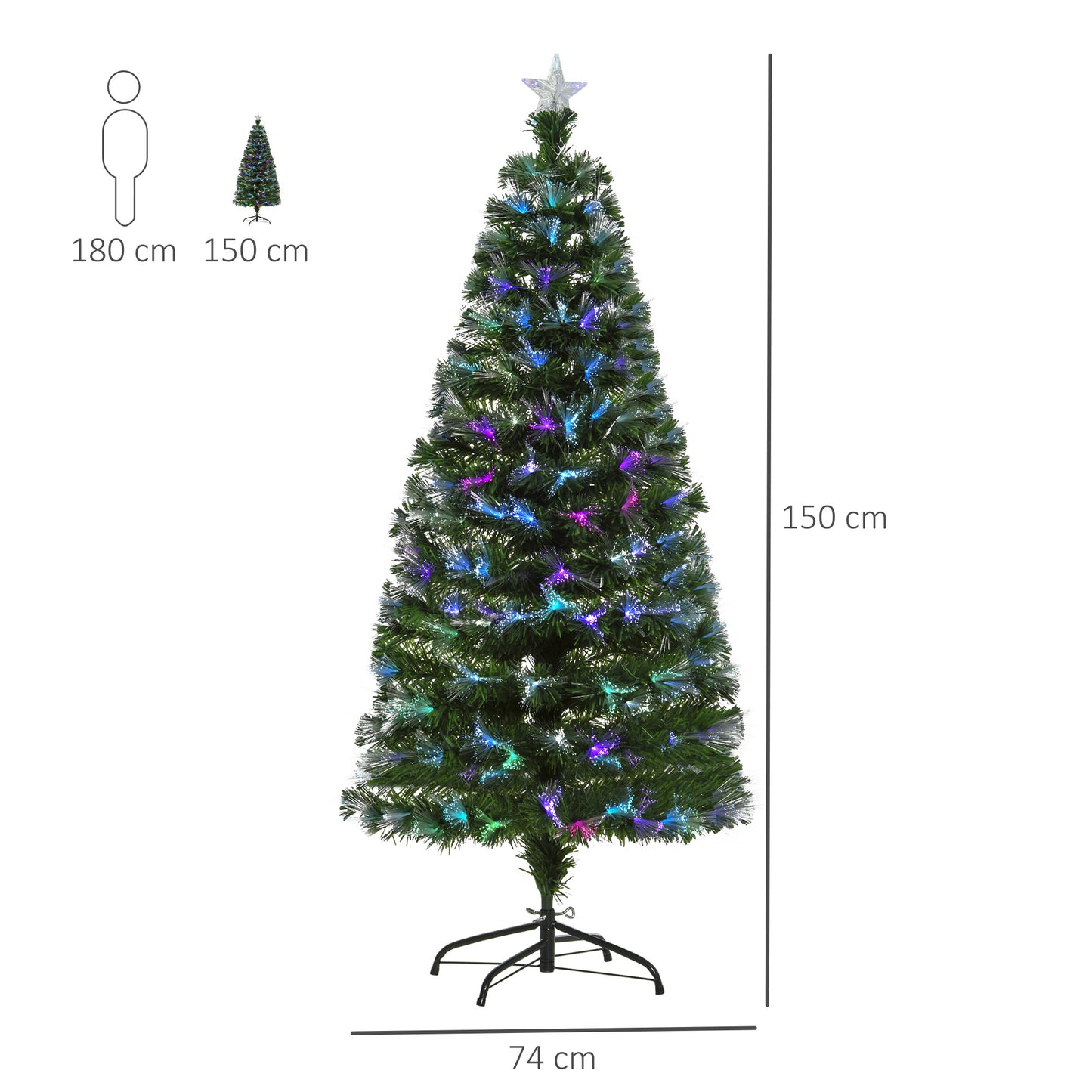 HOMCOM 1.5m Tall Artificial Christmas Tree Fiber Optic Colorful LED Pre-Lit Holiday Home Christmas Decoration with Flash Mode, Green