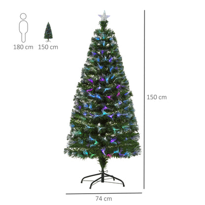 HOMCOM 1.5m Tall Artificial Christmas Tree Fiber Optic Colorful LED Pre-Lit Holiday Home Christmas Decoration with Flash Mode, Green