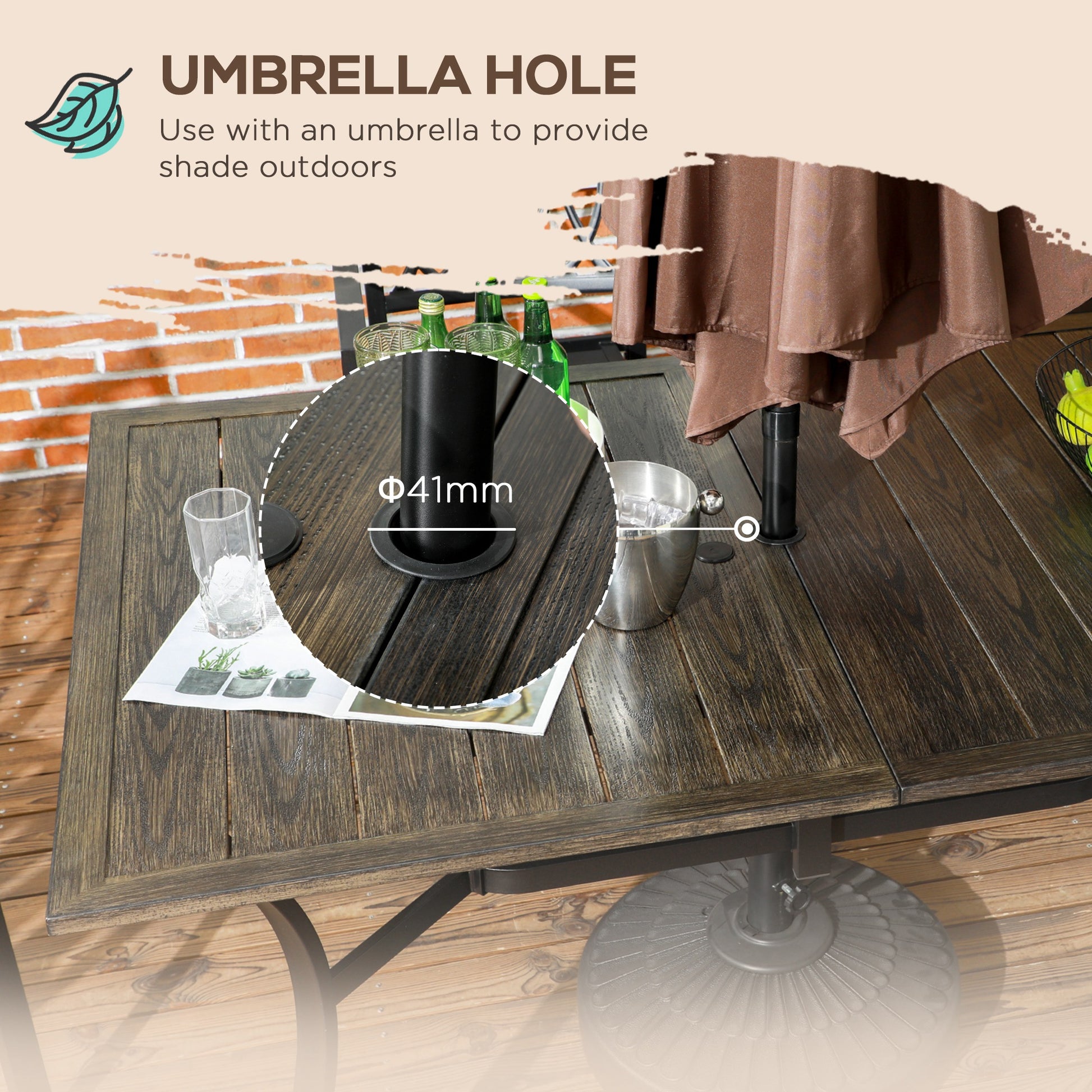 Outsunny Six-Seater Steel Garden Table, with ?41mm Parasol Hole - Wood-Effect