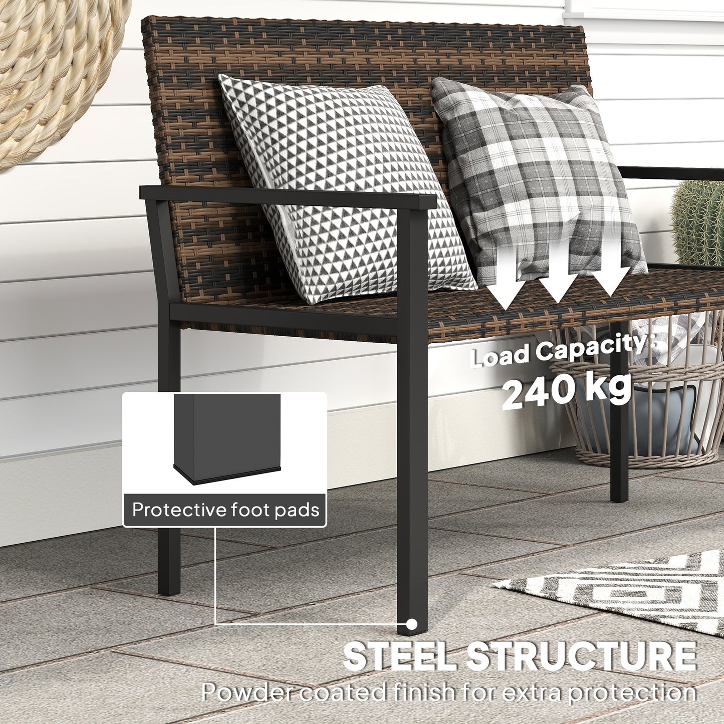 Outsunny 2 Seater Rattan Garden Bench, Outdoor Bench with Quick-Drying Cotton Padding, Wicker Garden Loveseat with Armrests, Steel Frame for Patio, Park, Mixed Brown