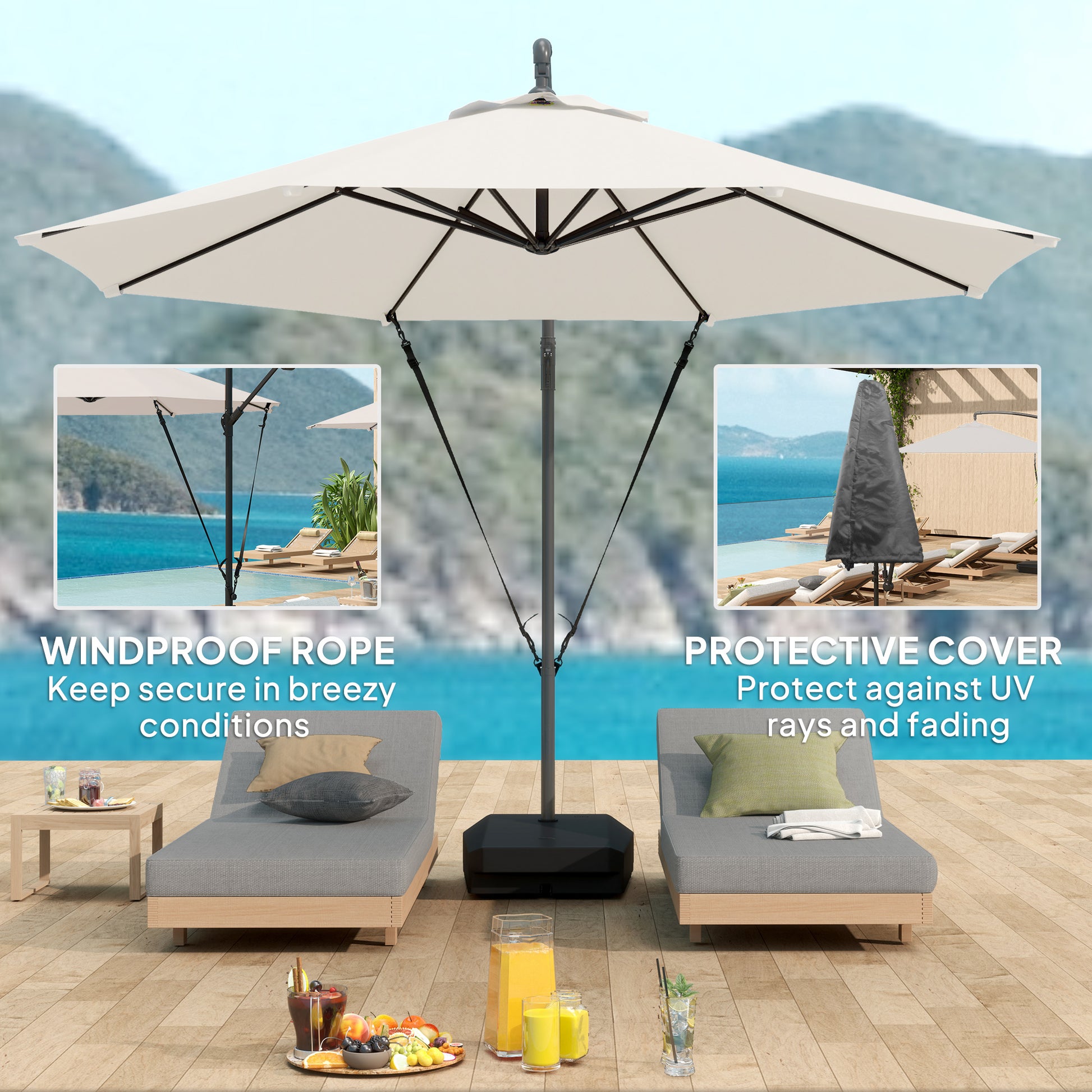Outsunny 3(m) Garden Cantilever Parasol with Fillable Base up to 90kg, Wind Protection Strap, Cover, Round Banana Hanging Umbrella with Crank Handle and Tilt, UPF50+ Patio Umbrella, Cream