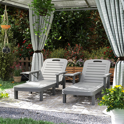 Outsunny Set of 2 Resin Reclining Sun Loungers for Garden, 5 Positions Adjustable Outdoor Chaise Lounge Chairs with Wood Texture Surface, Armrests, Foldable Side Table for Garden, Beach, Dark Grey