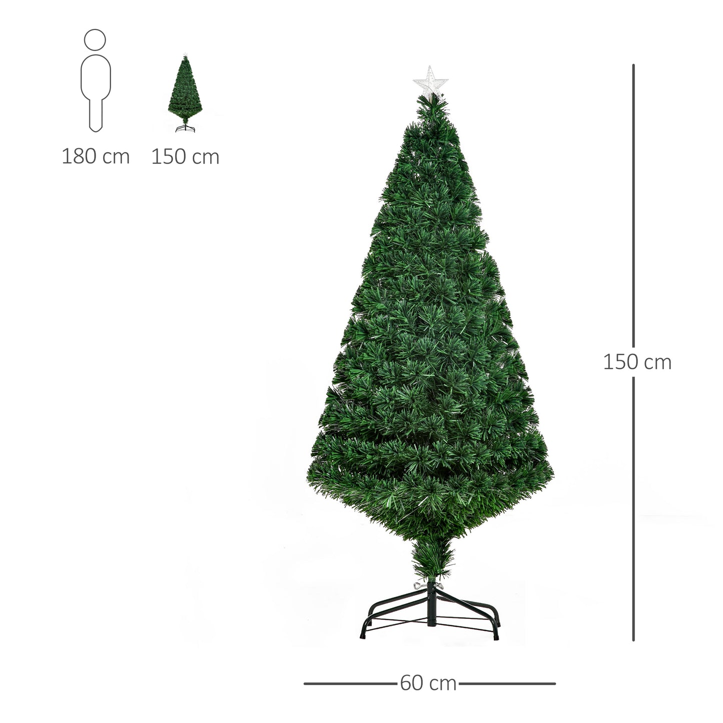 HOMCOM 5FT Green Fiber Optic Xmas Tree Pre-Lit Fibre Optic Artificial Christmas Tree Multi-Colour