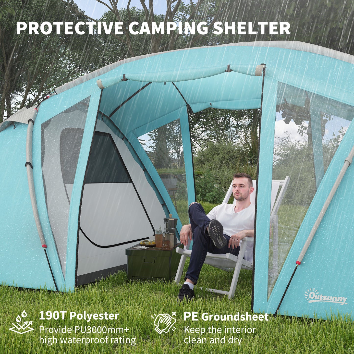Outsunny 4-6 Man Family Camping Tent w/ 2 Bedrooms and a Living Room, Waterproof Tunnel Tent w/ Sewn In Groundsheet, Doors, Windows, Carry Bag, Blue