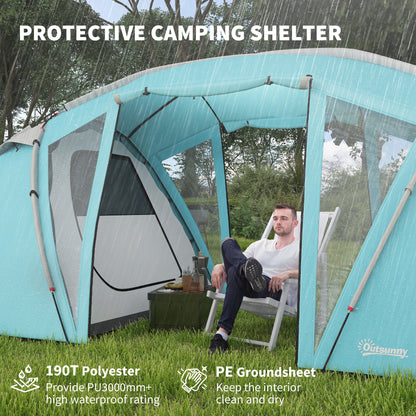Outsunny 4-6 Man Family Camping Tent w/ 2 Bedrooms and a Living Room, Waterproof Tunnel Tent w/ Sewn In Groundsheet, Doors, Windows, Carry Bag, Blue