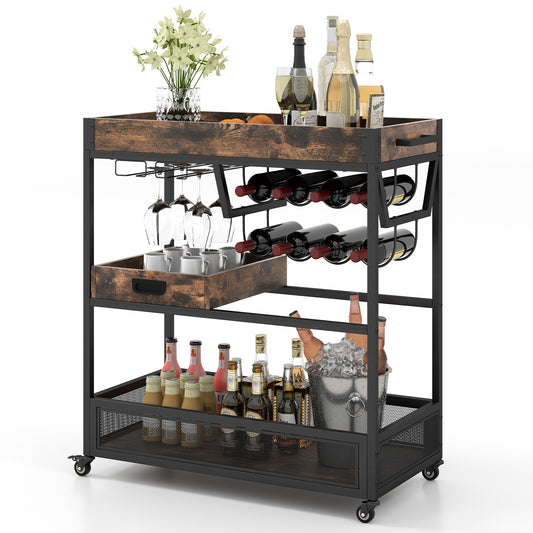 Rolling Bar Cart with Wine Rack, Stemware Rack and Removable Tray-Rustic Brown