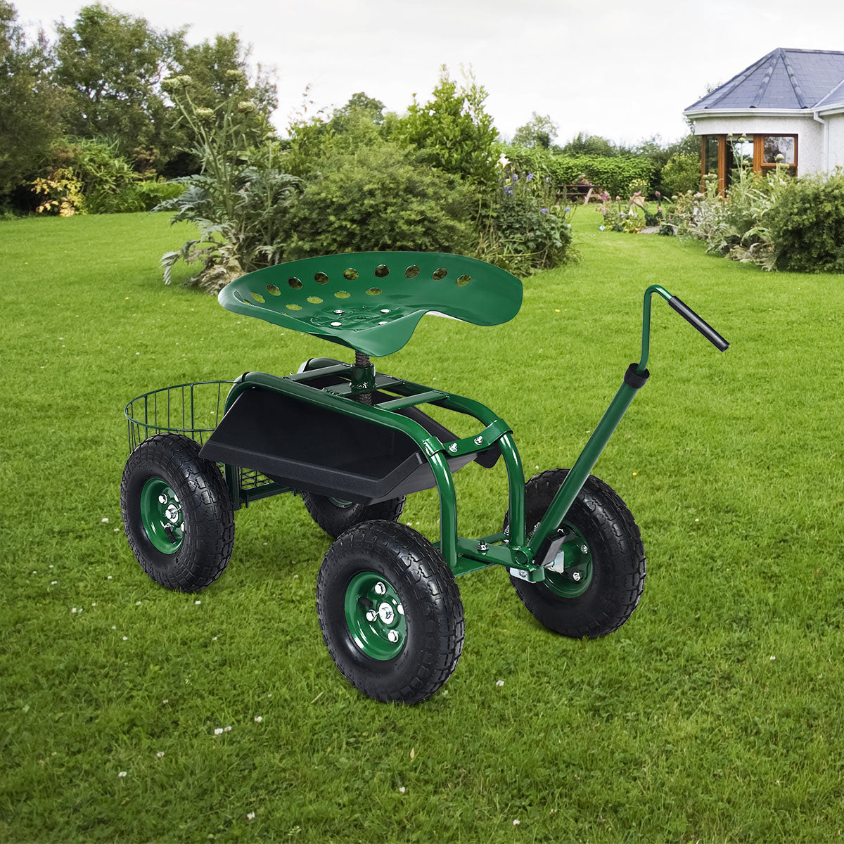 Rolling Garden Cart Swivel Gardener Work Seat with Convenient Tool Tray