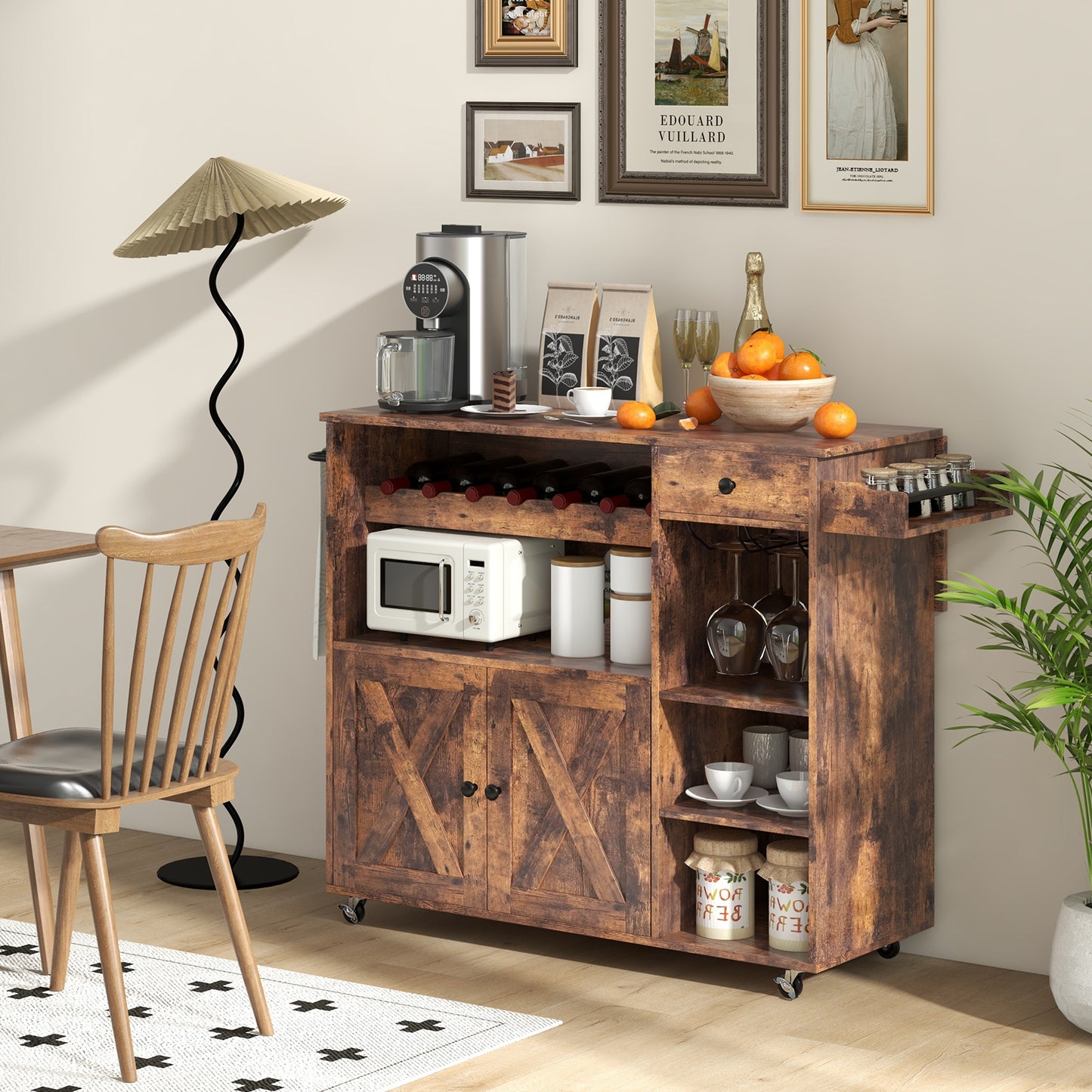 Rolling Kitchen Island Buffet Serving Cart with Drop Leaf-Rustic Brown