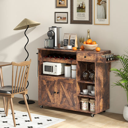 Rolling Kitchen Island Buffet Serving Cart with Drop Leaf-Rustic Brown