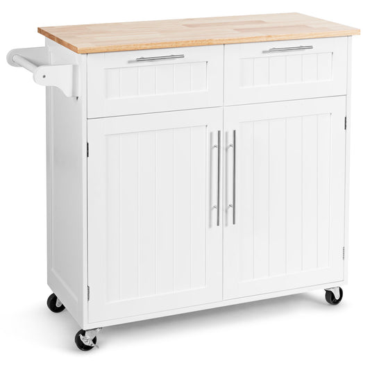 Rolling Kitchen Island with 2-Door Storage Cabinet-White