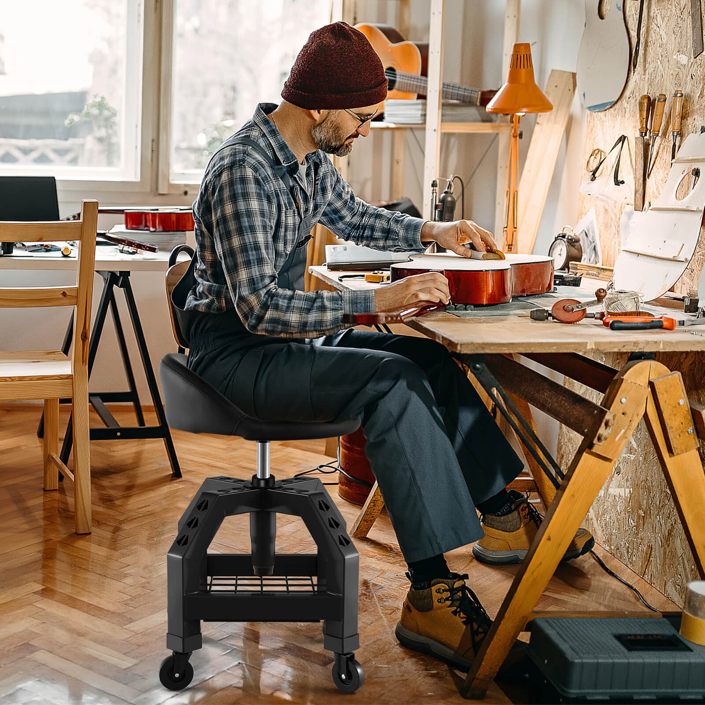 Rolling Seat Mechanic Stool Chair Height Adjustable with Tool Tray-Black