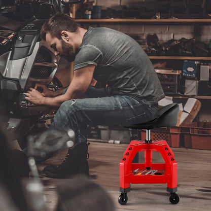 Rolling Seat Mechanic Stool Chair Height Adjustable with Tool Tray-Red