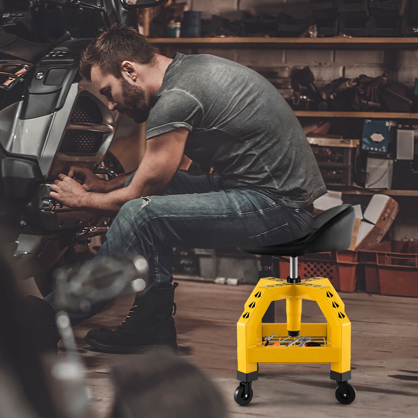 Rolling Seat Mechanic Stool Chair Height Adjustable with Tool Tray-Yellow