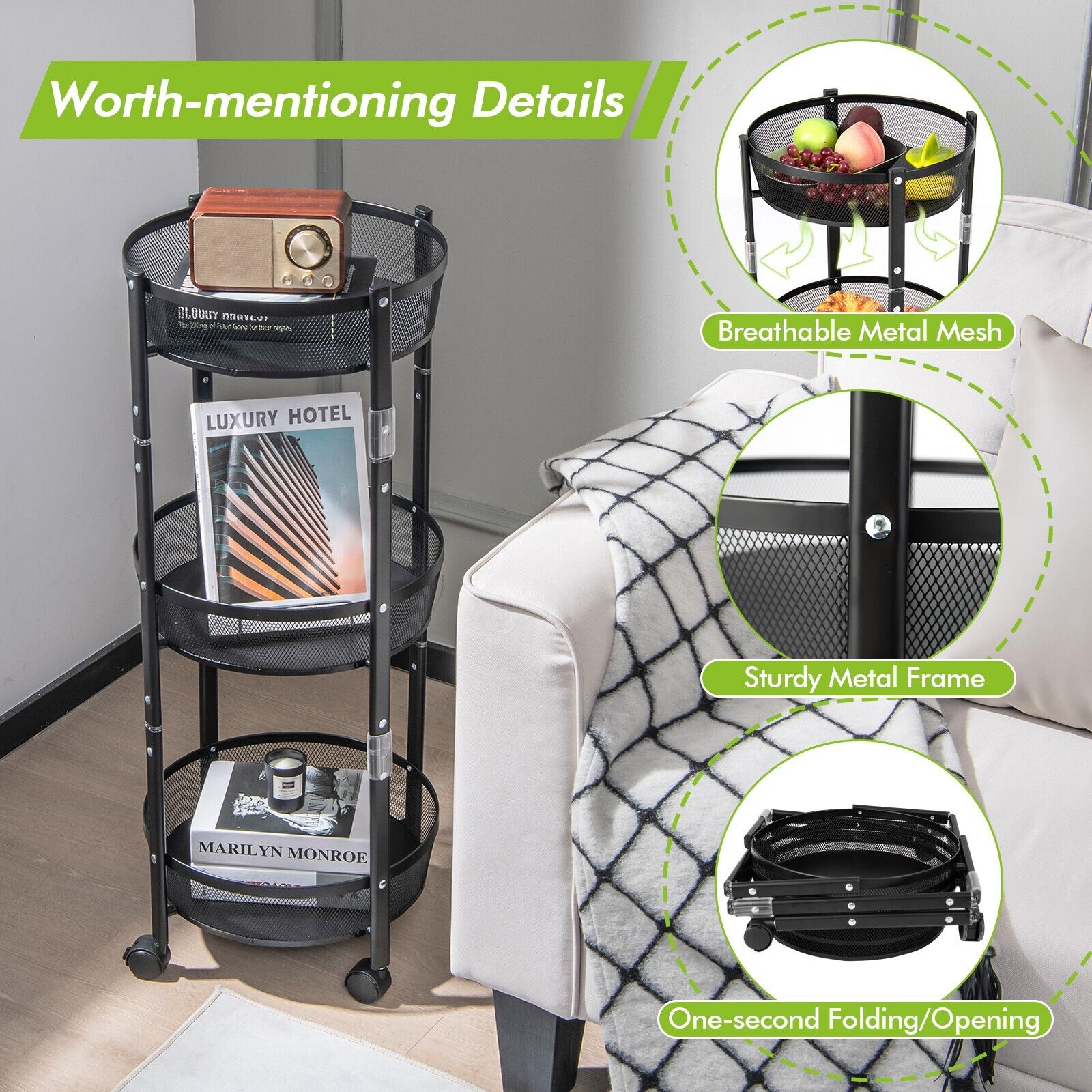 Round/Square 3-Tier Folding Metal Storage Trolley-Round