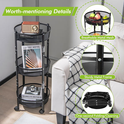 Round/Square 3-Tier Folding Metal Storage Trolley-Round