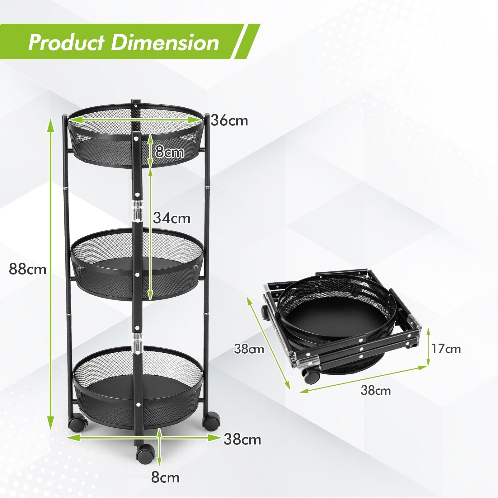 Round/Square 3-Tier Folding Metal Storage Trolley-Round