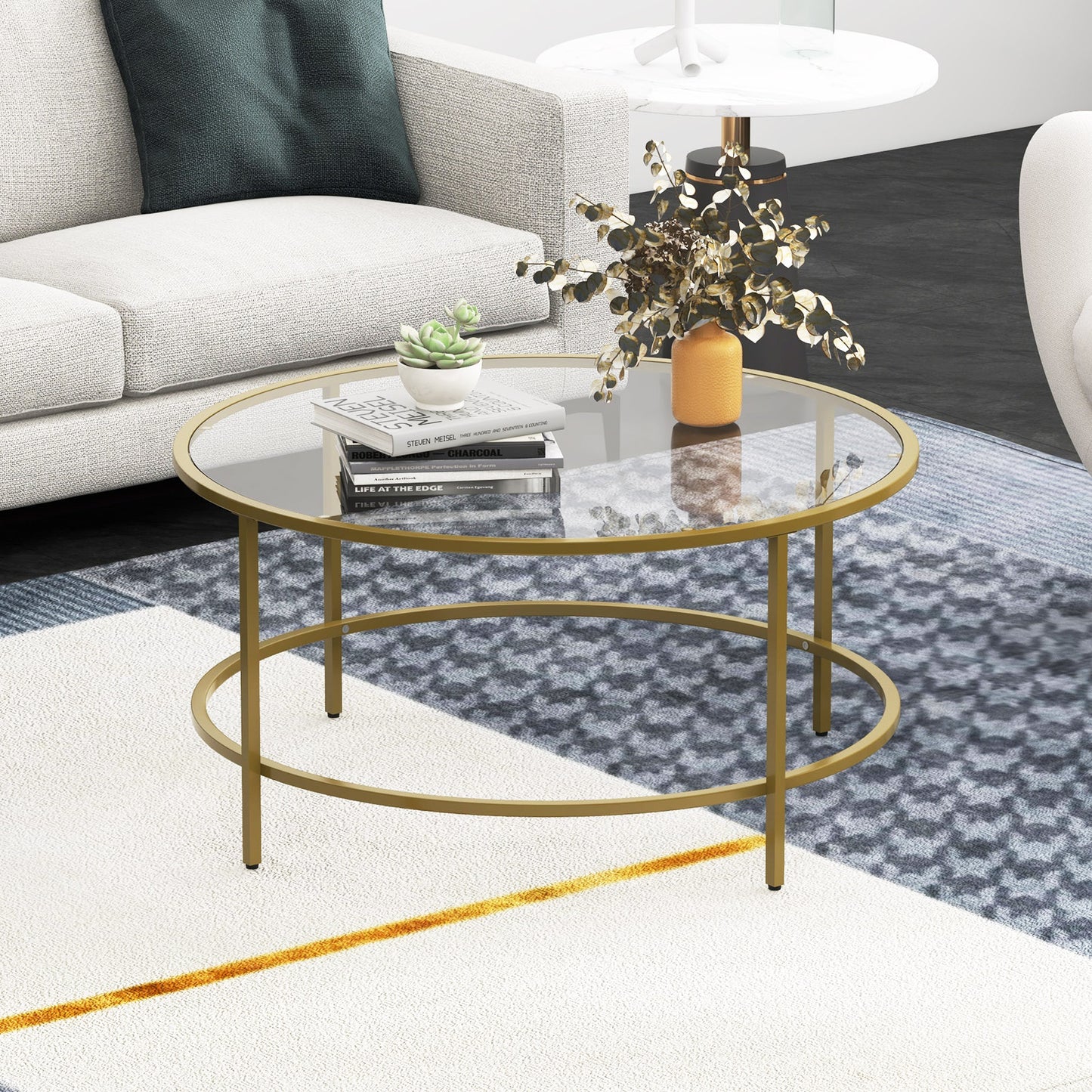 Accent Round Coffee Table with Tempered Glass Tabletop-Golden
