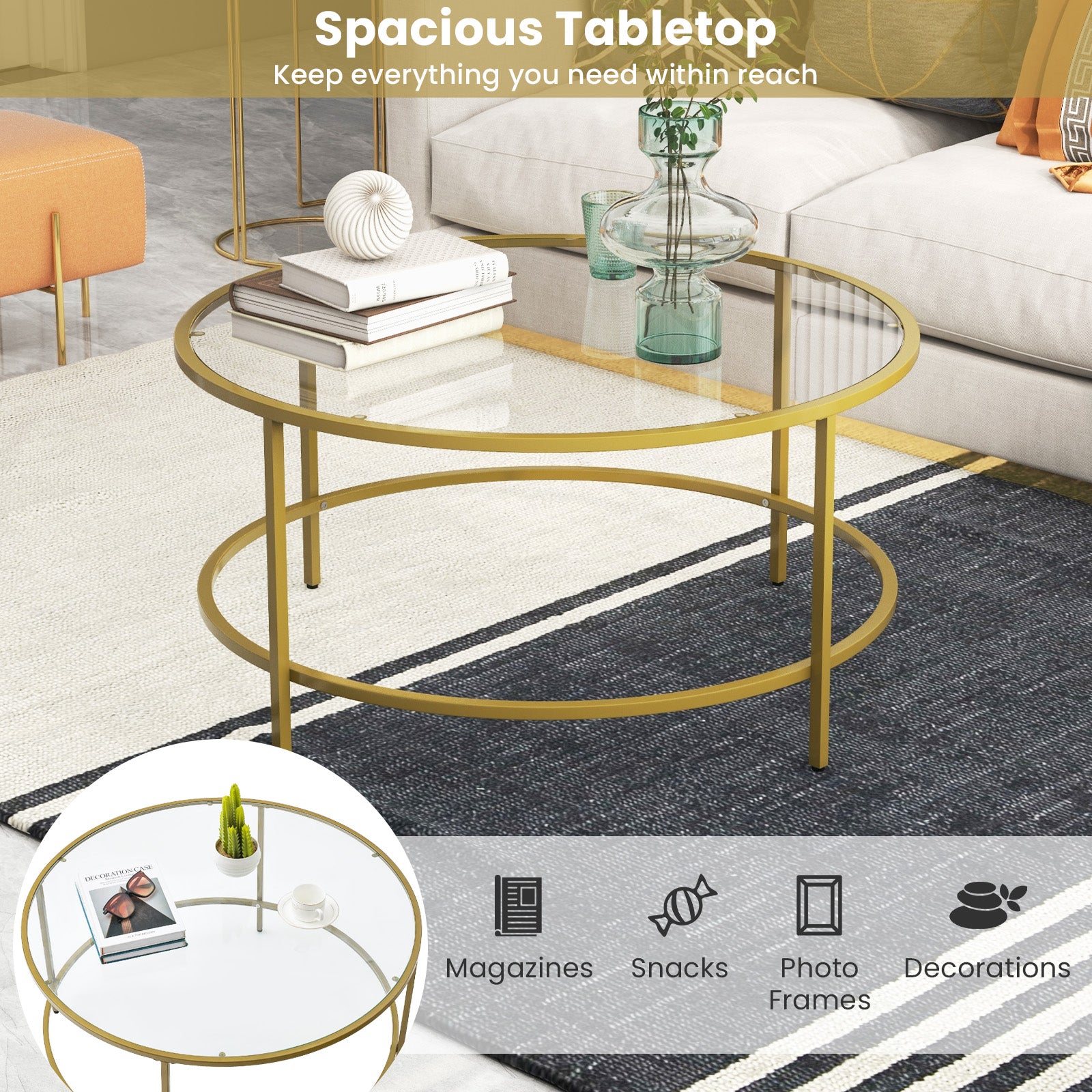 Accent Round Coffee Table with Tempered Glass Tabletop-Golden