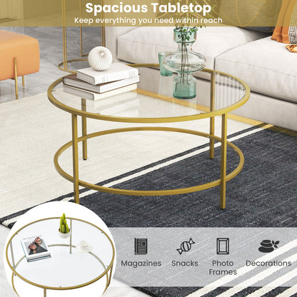Accent Round Coffee Table with Tempered Glass Tabletop-Golden