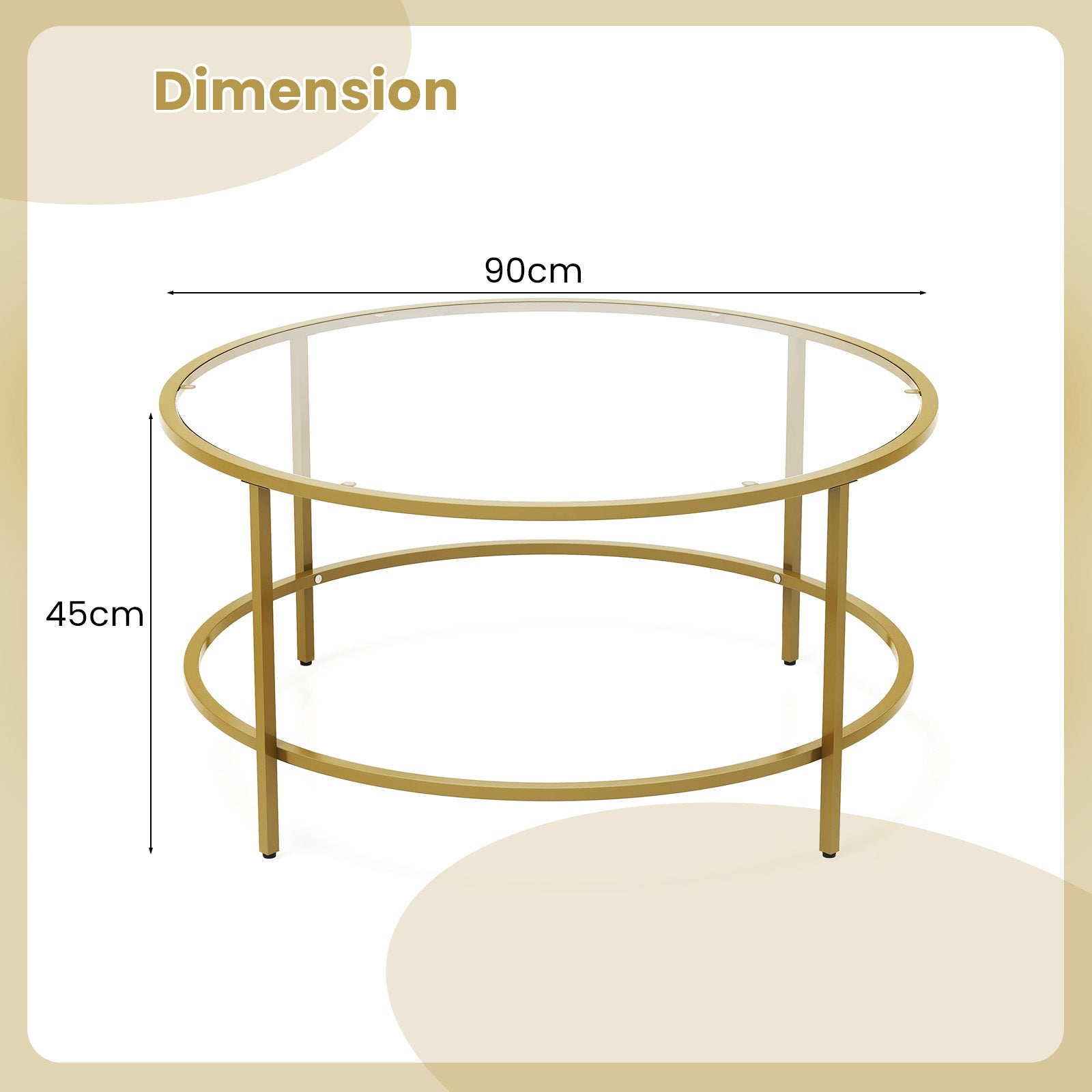 Accent Round Coffee Table with Tempered Glass Tabletop-Golden