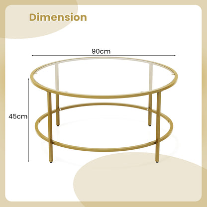 Accent Round Coffee Table with Tempered Glass Tabletop-Golden