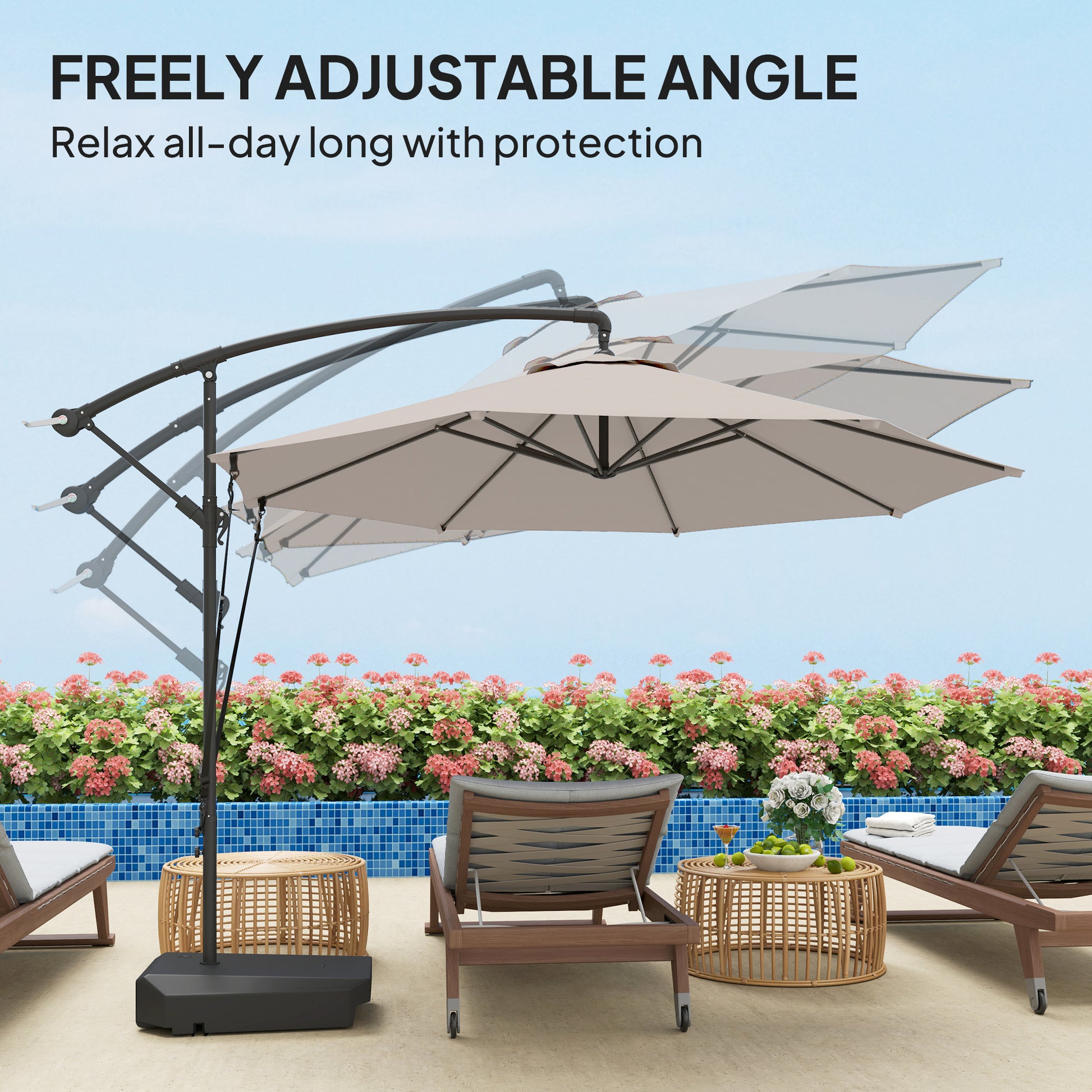 Outsunny 3(m) Garden Cantilever Parasol with Fillable Base up to 90kg, Wind Protection Strap, Cover, Round Banana Hanging Umbrella with Crank Handle and Tilt, UPF50+ Patio Umbrella, Cream