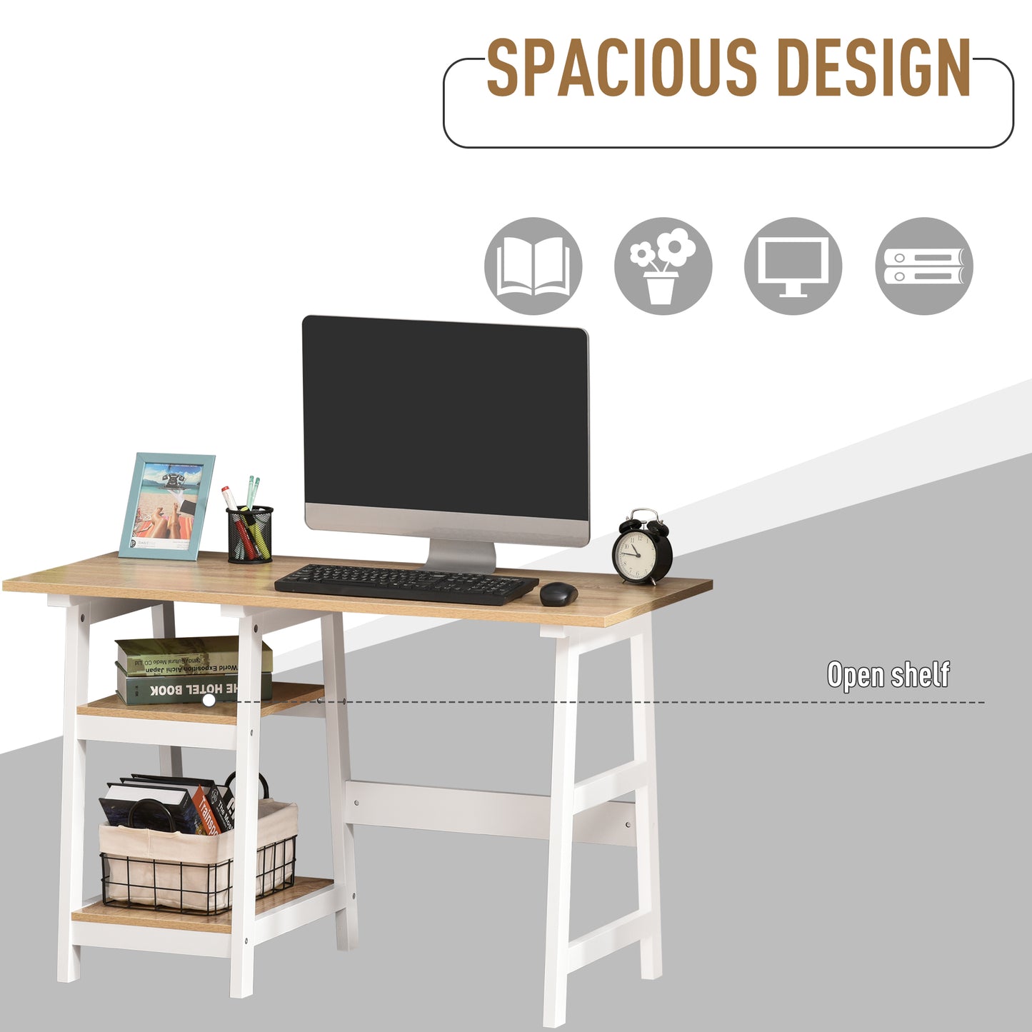 HOMCOM Compact Computer Desk with Storage Shelves Study Table with Bookshelf PC Table Workstation for Home Office Study White and Natural