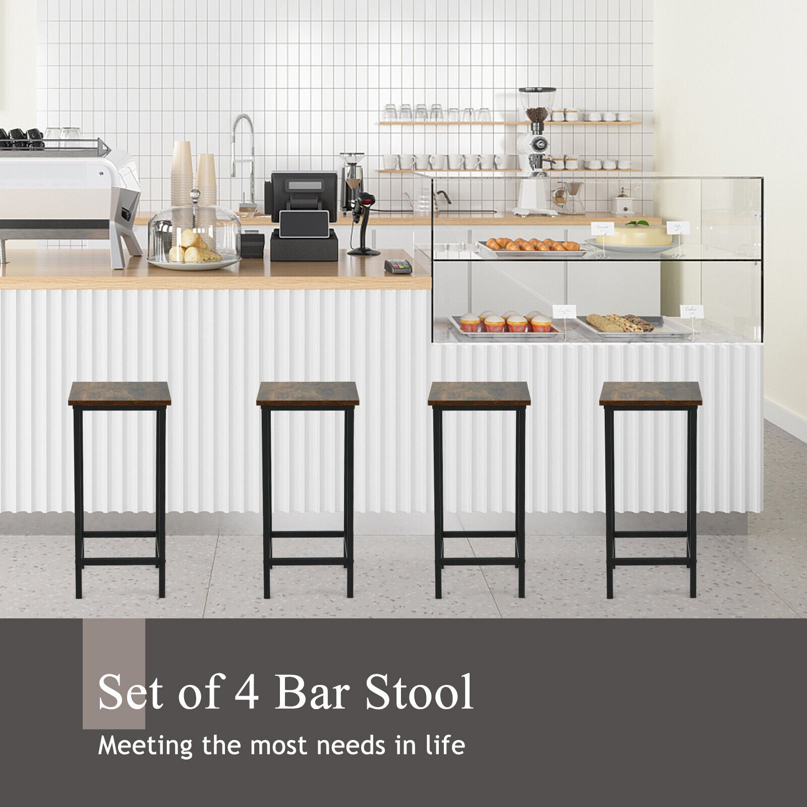 4 Pieces Industrial High Counter Backless Bar Stool Set-Rustic Brown