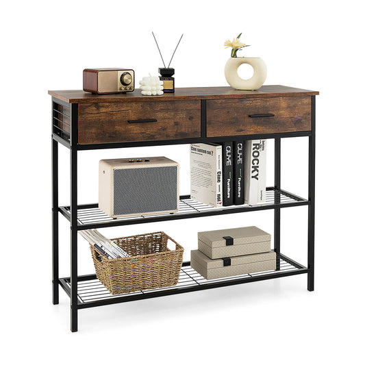 Entryway Console Table with 2 Drawers and 2-Tier Shelves-Coffee