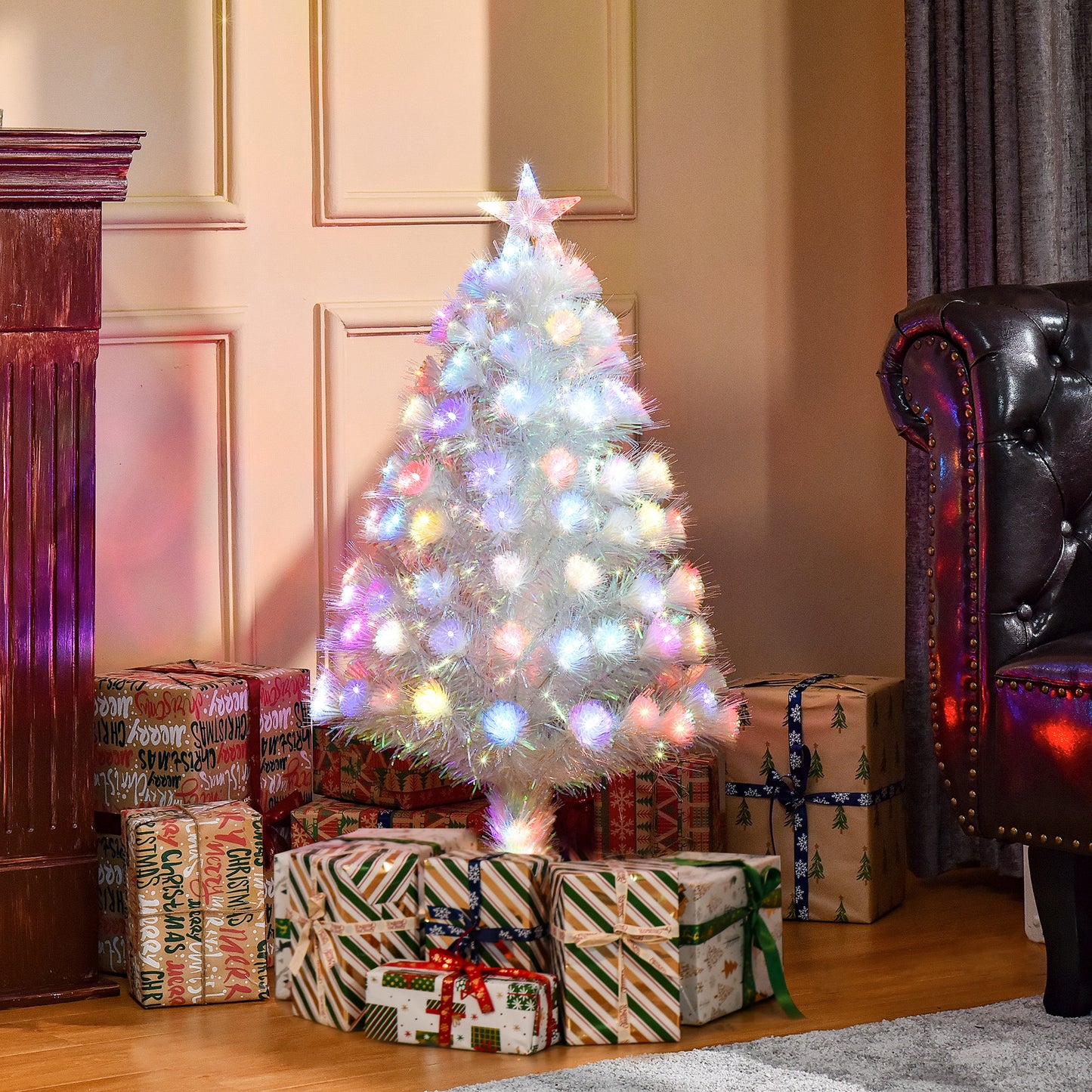HOMCOM 3 Feet Prelit Artificial Christmas Tree with Fiber Optic LED Light, Holiday Home Xmas Decoration, White