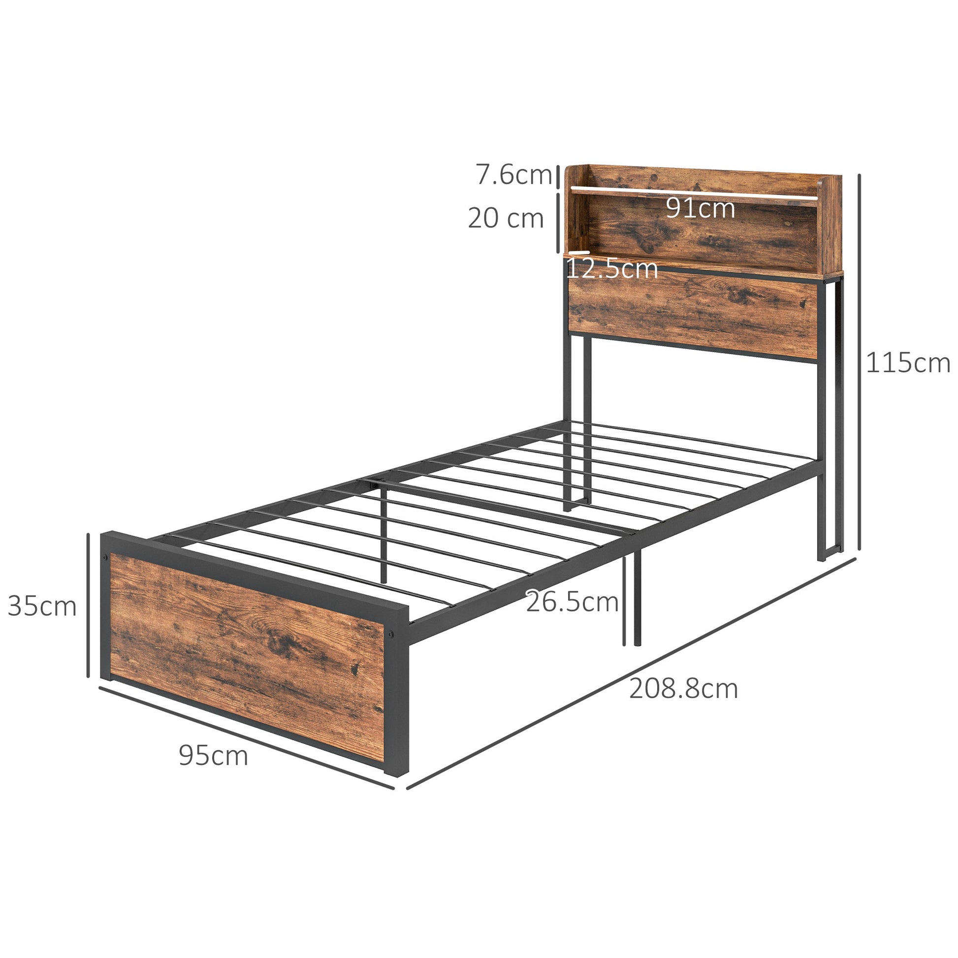 HOMCOM Industrial Single Bed Frame, 3.1FT Steel Bed Base w/ Storage Headboard, Footboard, Under Bed Storage, 95 x 209cm, Rustic Brown