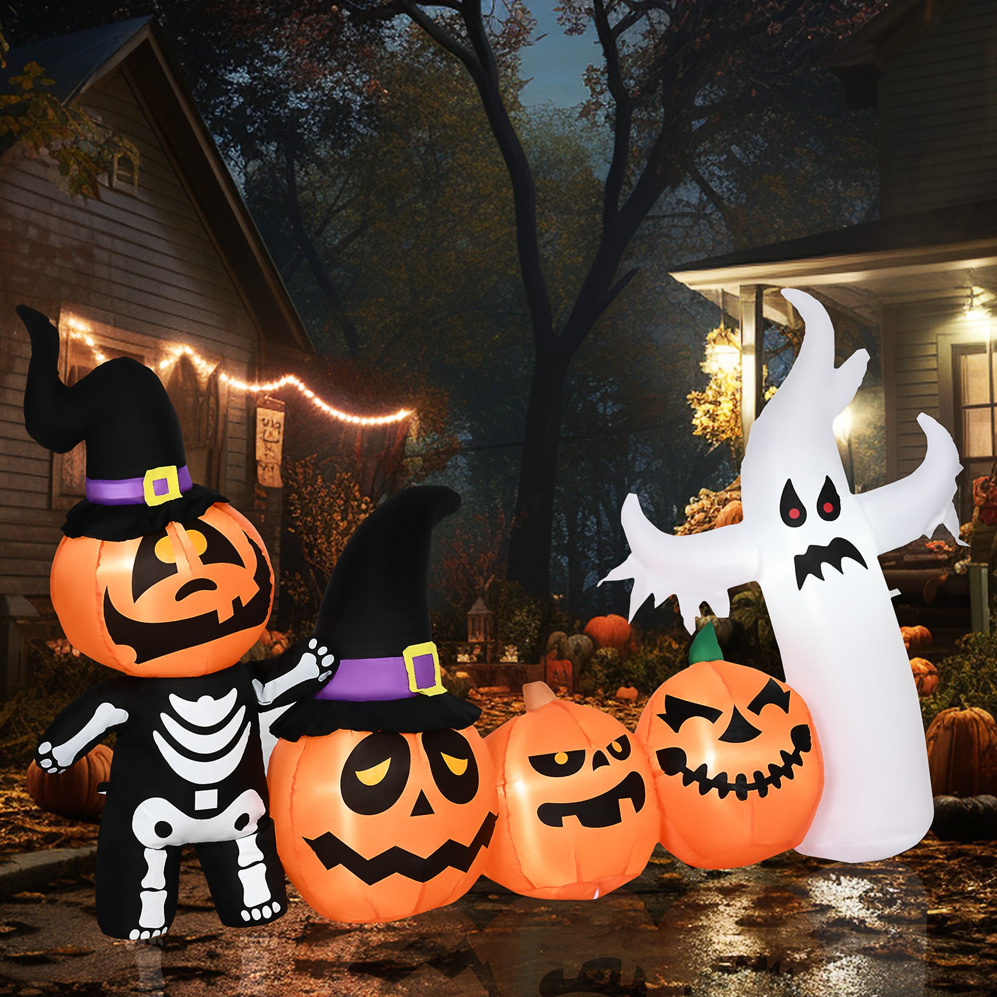HOMCOM Next Day Delivery 8.5ft Inflatable Halloween Skeleton Pumpkin Ghost and White Ghost with Three Pumpkins, Blow-Up Outdoor LED Display