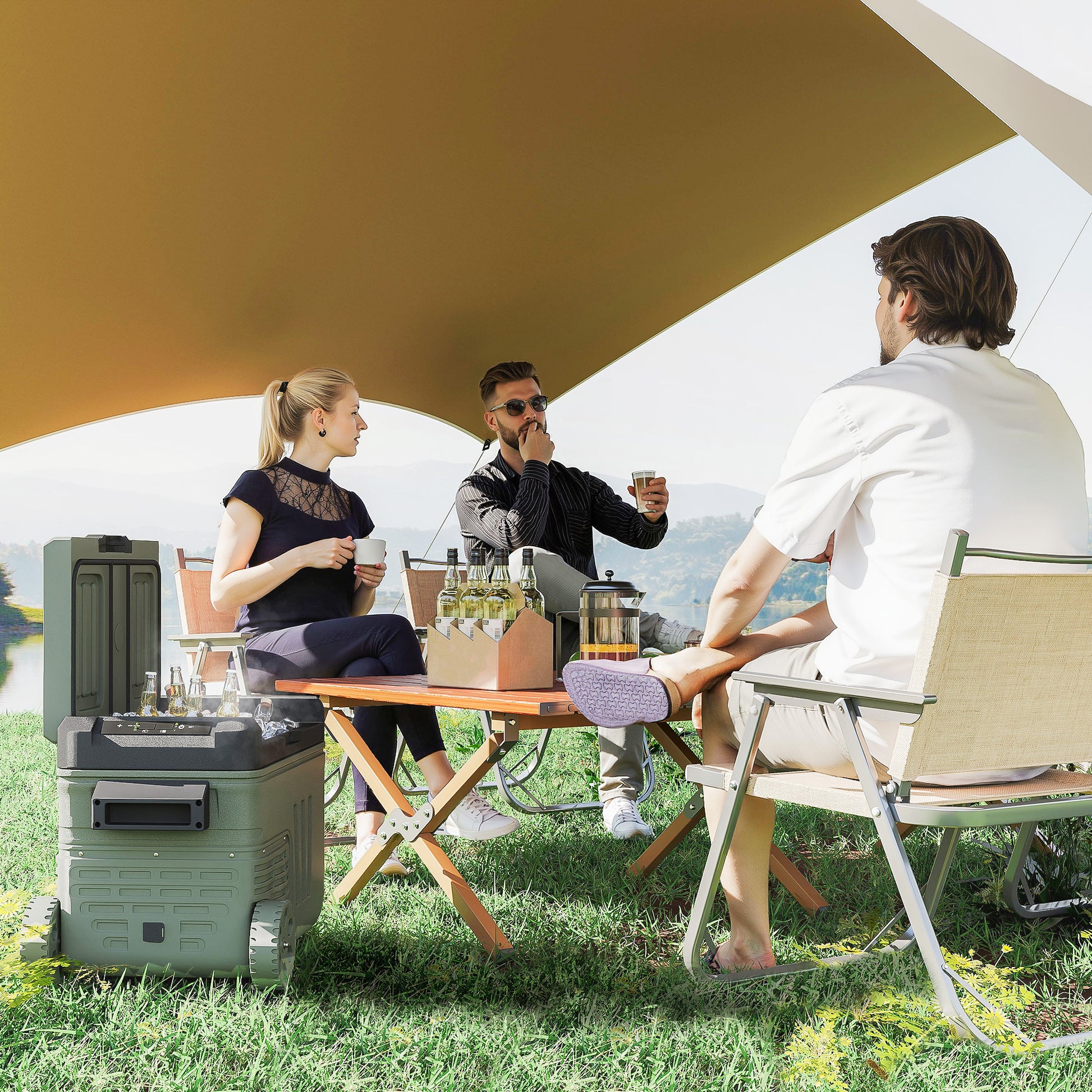 Outsunny 33L Camping Fridge Freezer Dual Zone, Portable Car Fridge 12V/24V DC & 100-240V AC, Electric Cool Box -20?-20? with Wheels and LED Light, for Travel, RV, Road Trip, Picnic [Energy Class E]