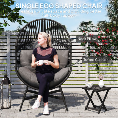 Outsunny Rattan Egg Chair, Oversized Freestanding Garden Egg Chair with Thick Tufted Cushion, Headrest, Steel Frame for Indoor and Outdoor Use, Charcoal Grey